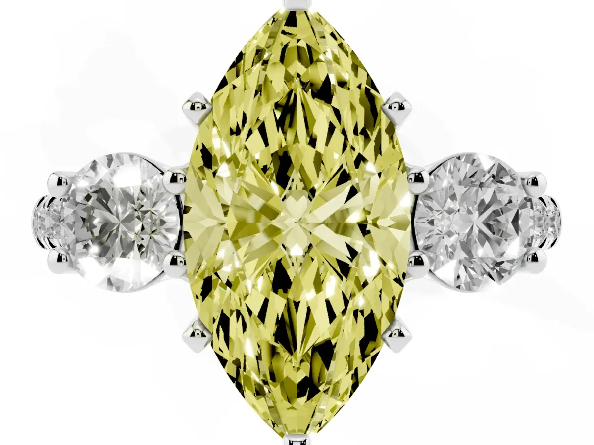 Fancy Yellow Three-Stone Marquise Cut Diamond Pavé Band with Four-Prong Setting Silver
