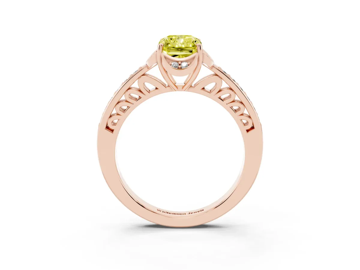 Fancy Yellow Radiant Cut Cut Halo Diamond Ring with Channel Set Band and Four-Prong Setting Rose gold