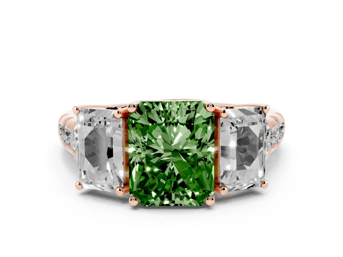 Fancy Green Three-Stone Radiant Cut Diamond Pavé Band with Prong Setting Rose gold