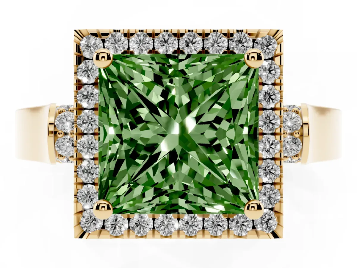 Fancy Green Princess Cut Halo Round Diamond Twist Band with Four-Prong Setting Yellow gold
