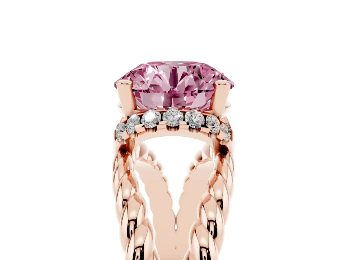 Fancy Pink Round Cut Halo Twisted Band Four-Prong Ring Rose gold