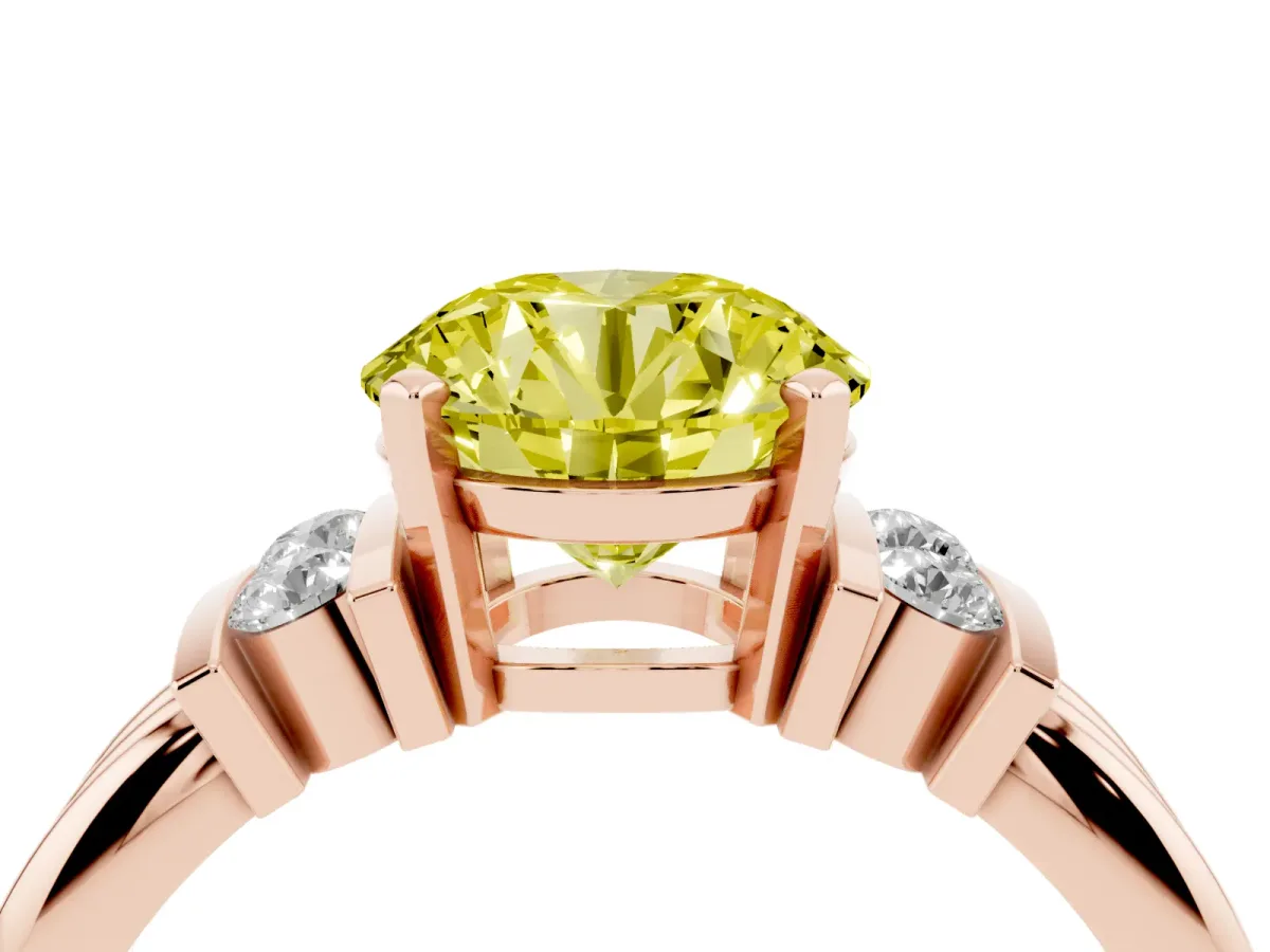 Fancy Yellow Round Cut Cut Three-Stone Channel Set Ring with Bar Prongs Rose gold