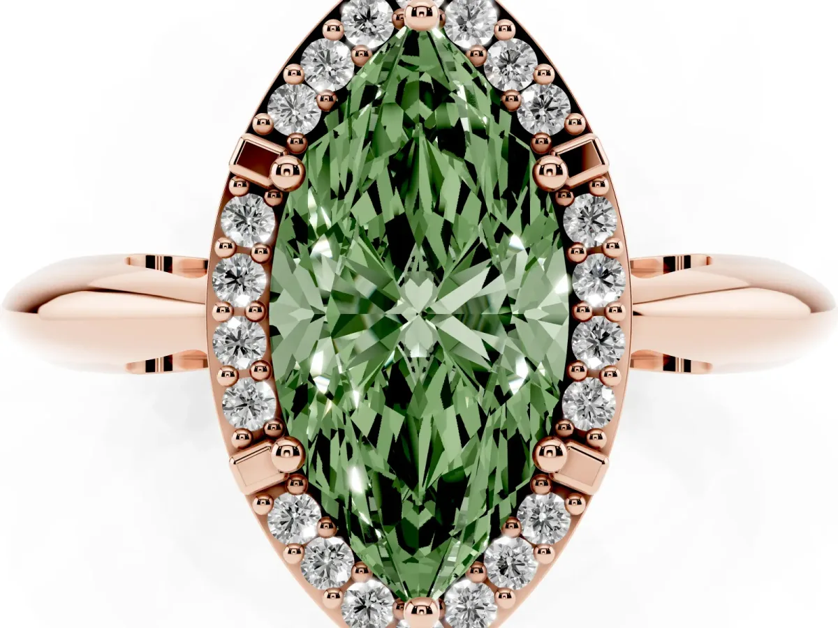Fancy Green Marquise Cut Cut Diamond Halo Engagement Ring with Split Shank and Four-Prong Setting Rose gold