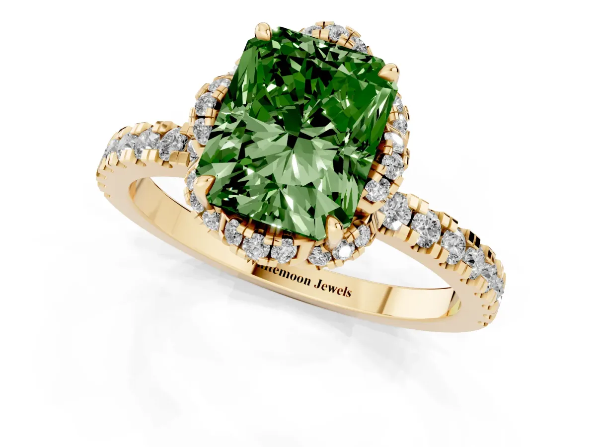 Fancy Green Radiant Cut Halo Diamond Pave Band Ring with Four-Prong Setting Yellow gold