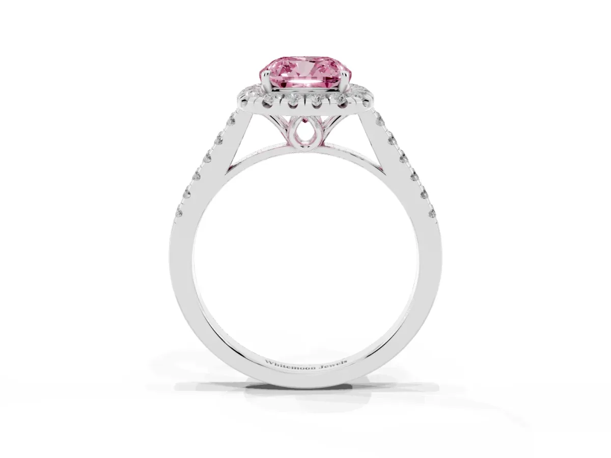 Fancy Pink Cushion Cut Halo Pavé Diamond Engagement Ring with Four-Prong Setting Silver