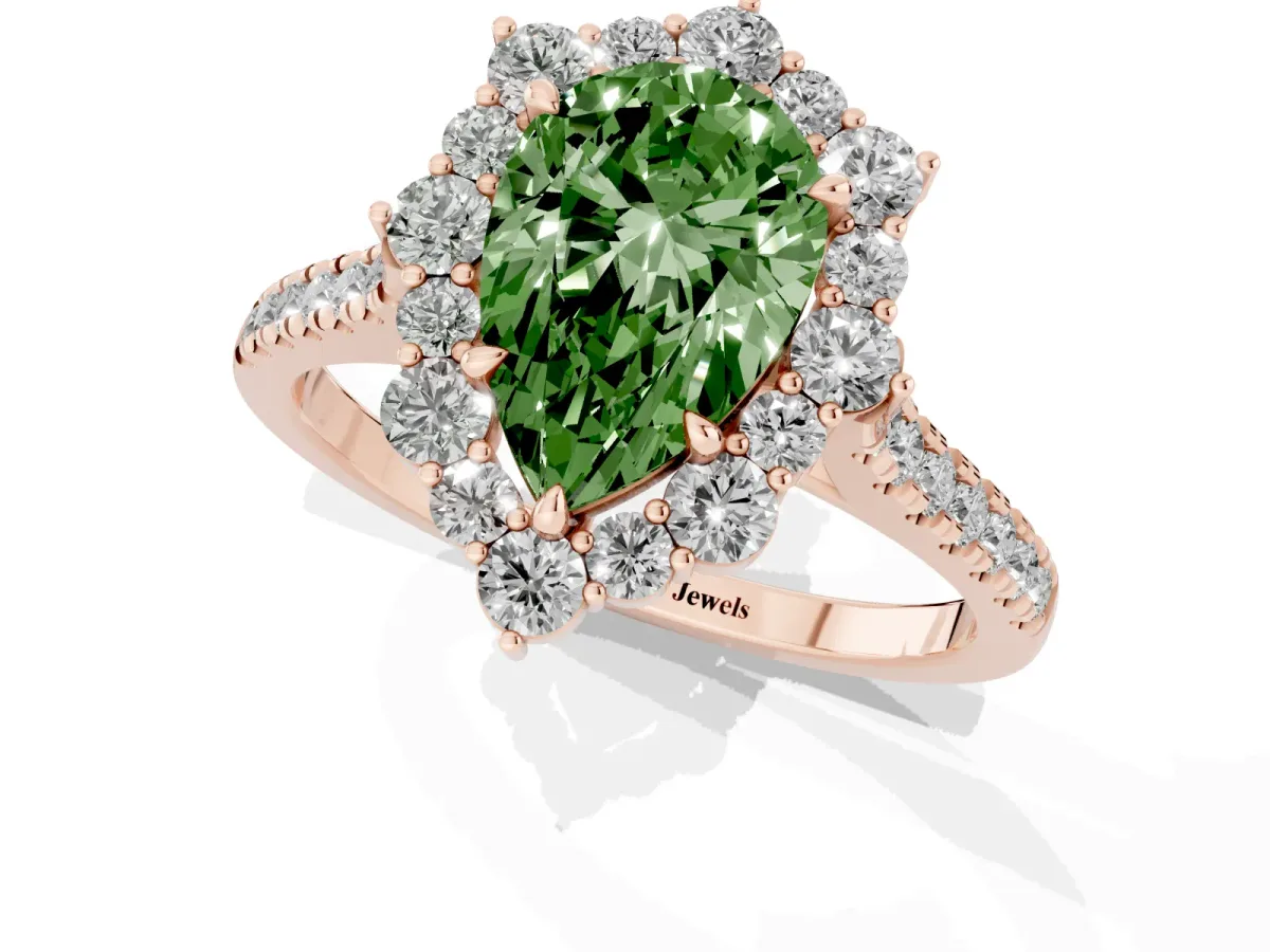 Fancy Green Pear Cut Halo Diamond Ring with Pavé Band and Prong Setting Rose gold