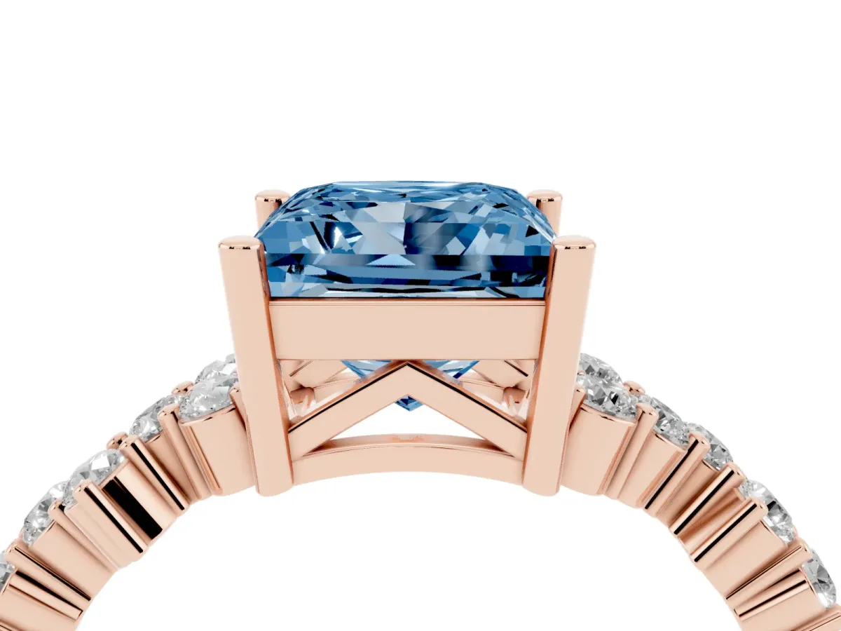 Fancy Blue Princess Cut Diamond Scattered Round Accent Ring with Prong Setting Rose gold