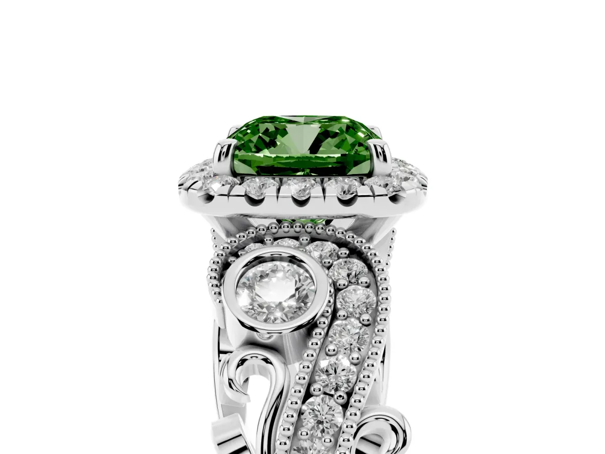 Fancy Green Cushion Cut Halo Diamond Ring with Milgrain and Bezel Accents on a Split Shank Band White gold
