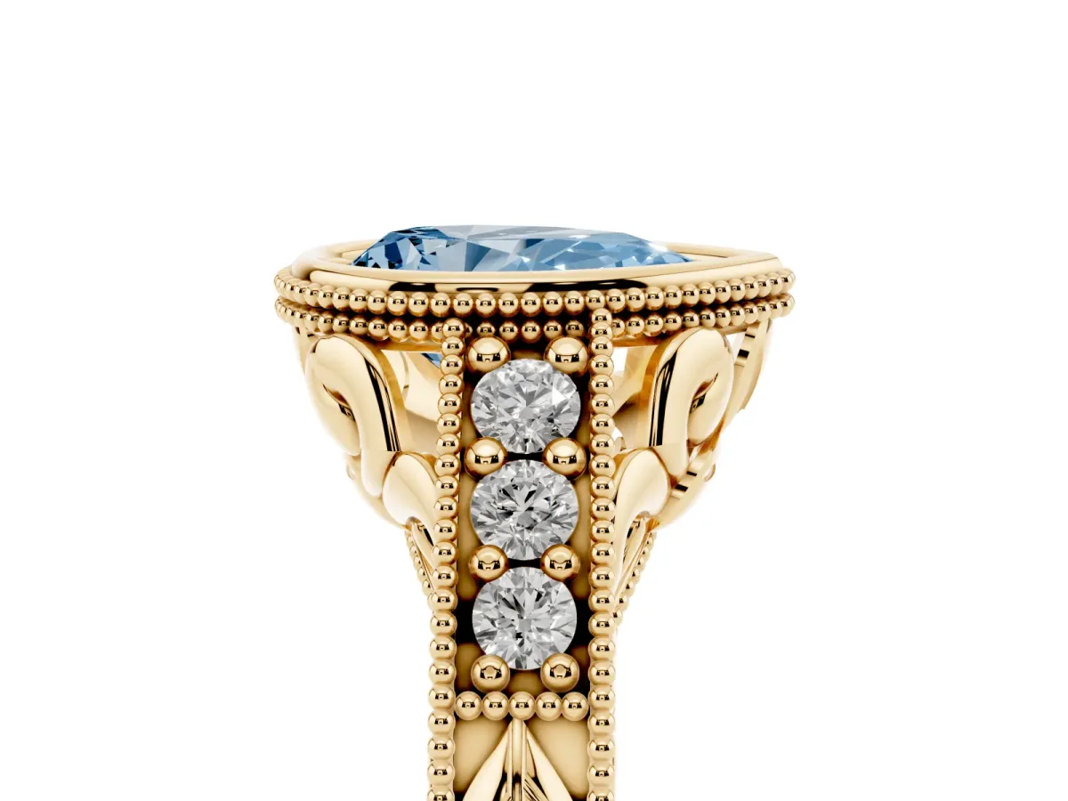 Fancy Blue Bezel Set Pear Cut Diamond Milgrain Pave Engagement Ring Yellow gold