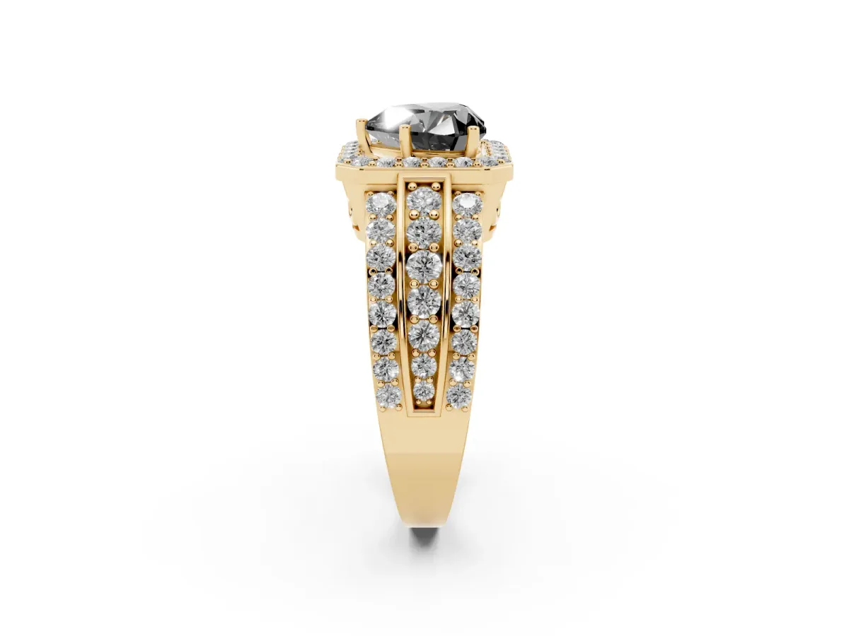 Fancy Black Heart Cut Halo Diamond Ring with Round Split Shank and Prong Setting Yellow gold