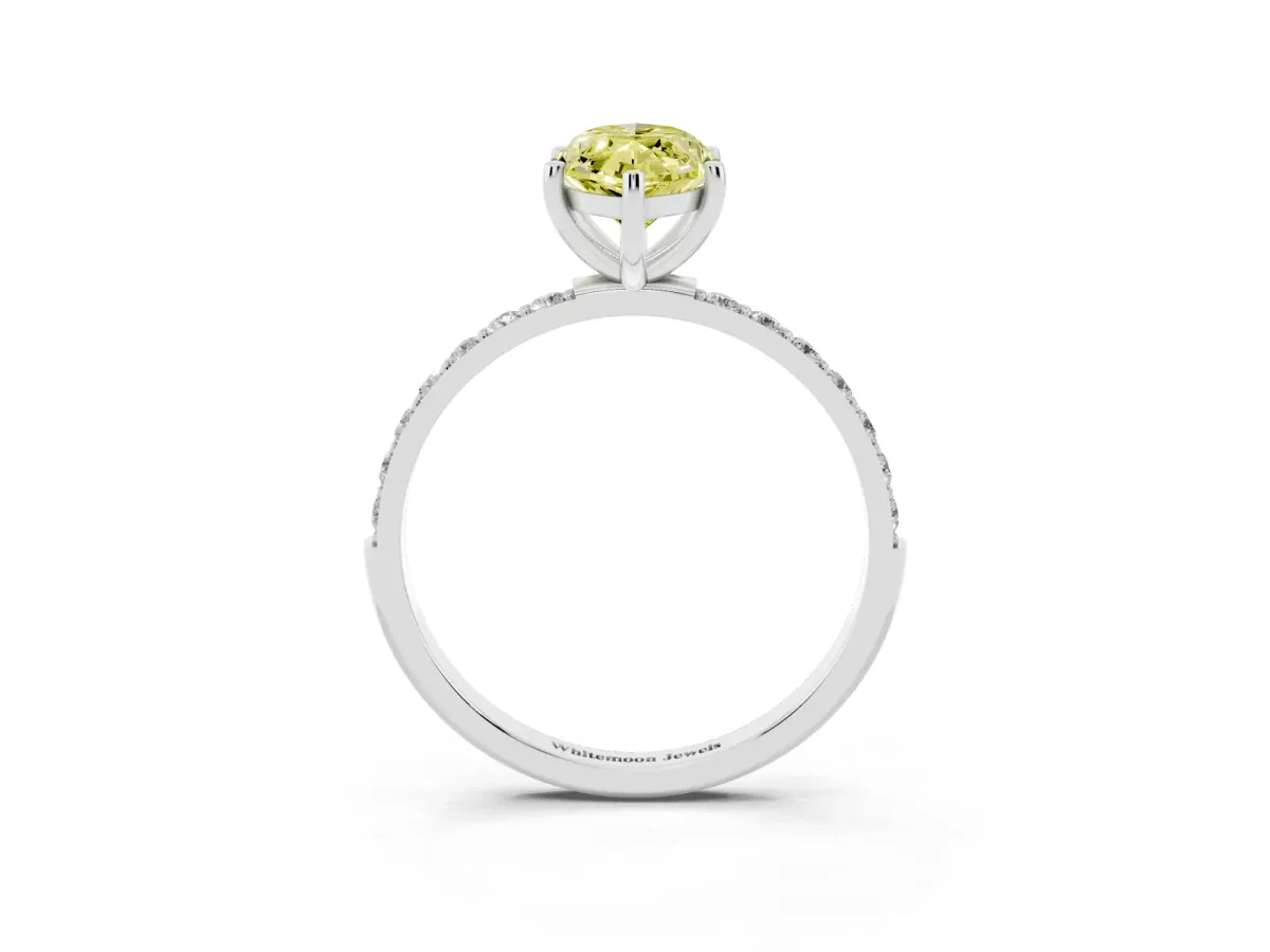 Fancy Yellow Marquise Cut Diamond Solitaire Ring with Round Pavé Shoulders and Prong Setting Silver