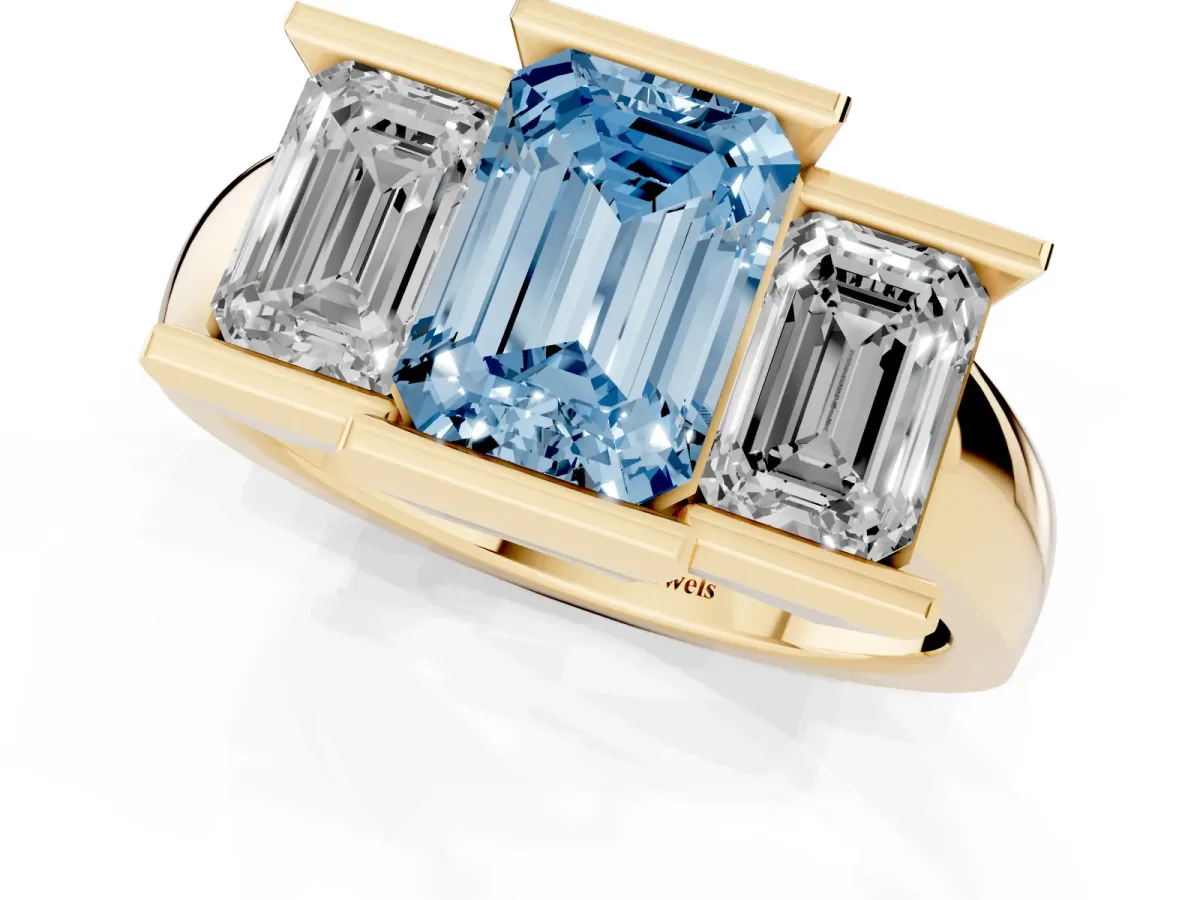 Fancy Blue Three Stone Emerald Cut Cut Channel Set Diamond Ring Yellow gold