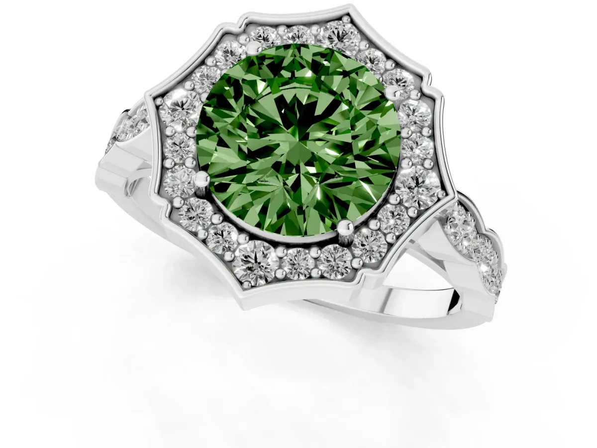 Fancy Green Round Cut Halo Diamond Engagement Ring with Milgrain Band and Four-Prong Setting White gold