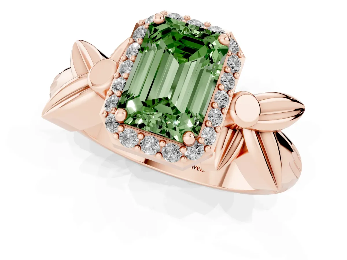 Fancy Green Emerald Cut Halo Diamond Floral Band with Four-Prong Setting Rose gold