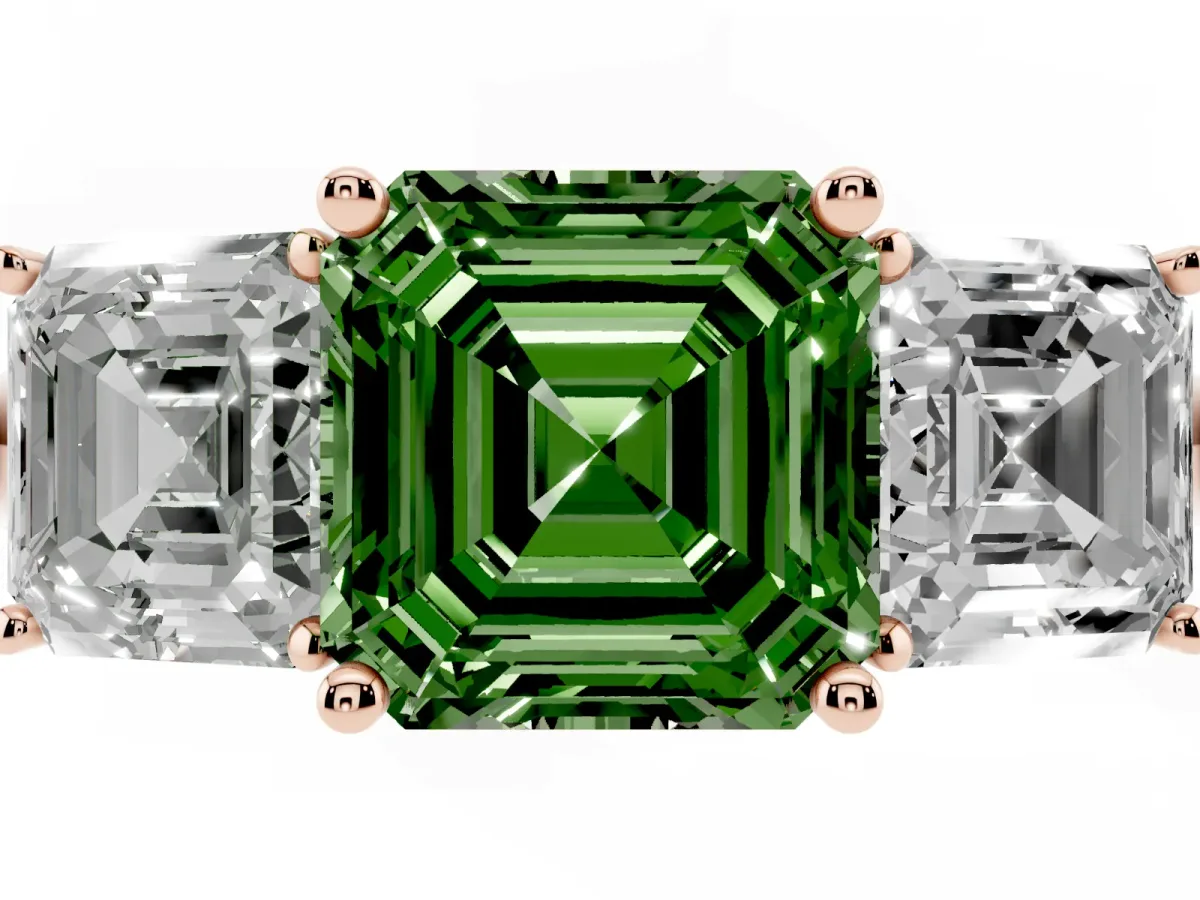 Fancy Green Three-Stone Asscher Cut Cut Diamond Engagement Ring with Prong Setting on a White Gold Band Rose gold