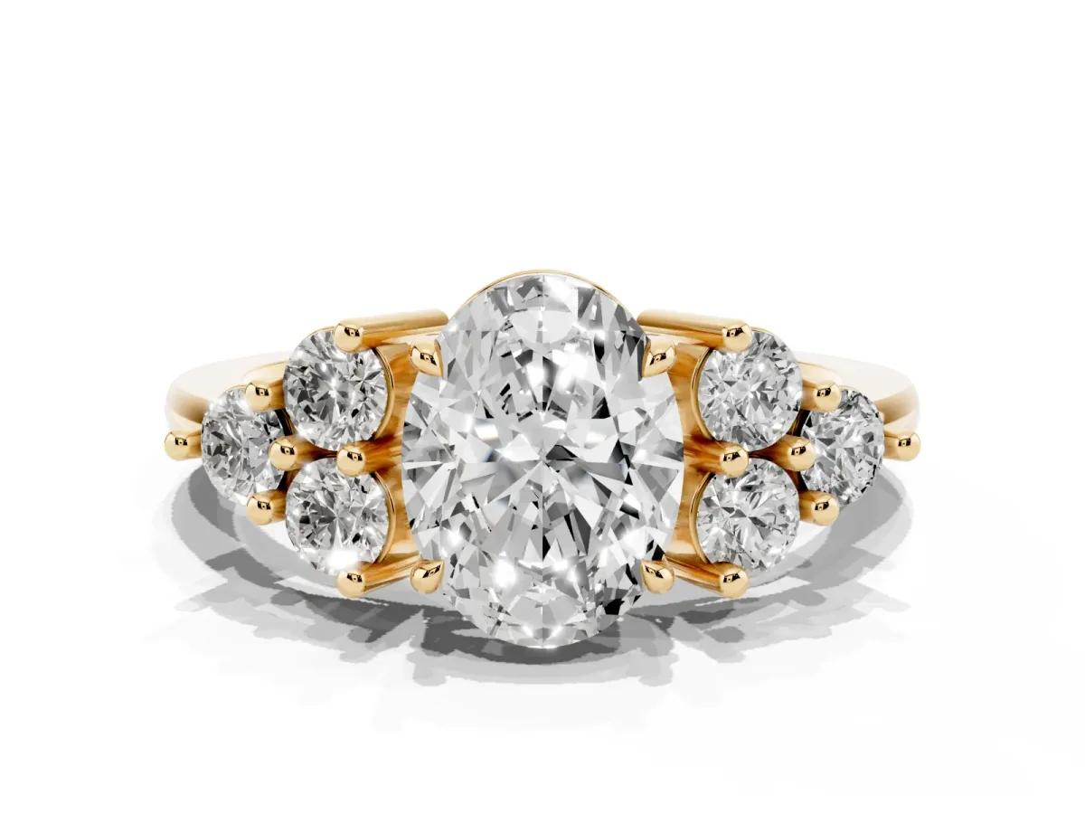 Oval Cut Brilliant Diamond Cluster Accent Solitaire Ring with Prong Setting Yellow gold