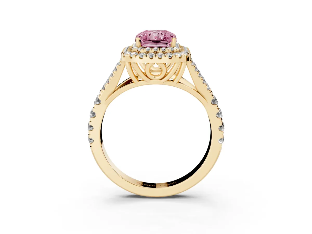 Fancy Pink Radiant Cut Diamond Pavé Split Shank Double Halo Engagement Ring Yellow gold