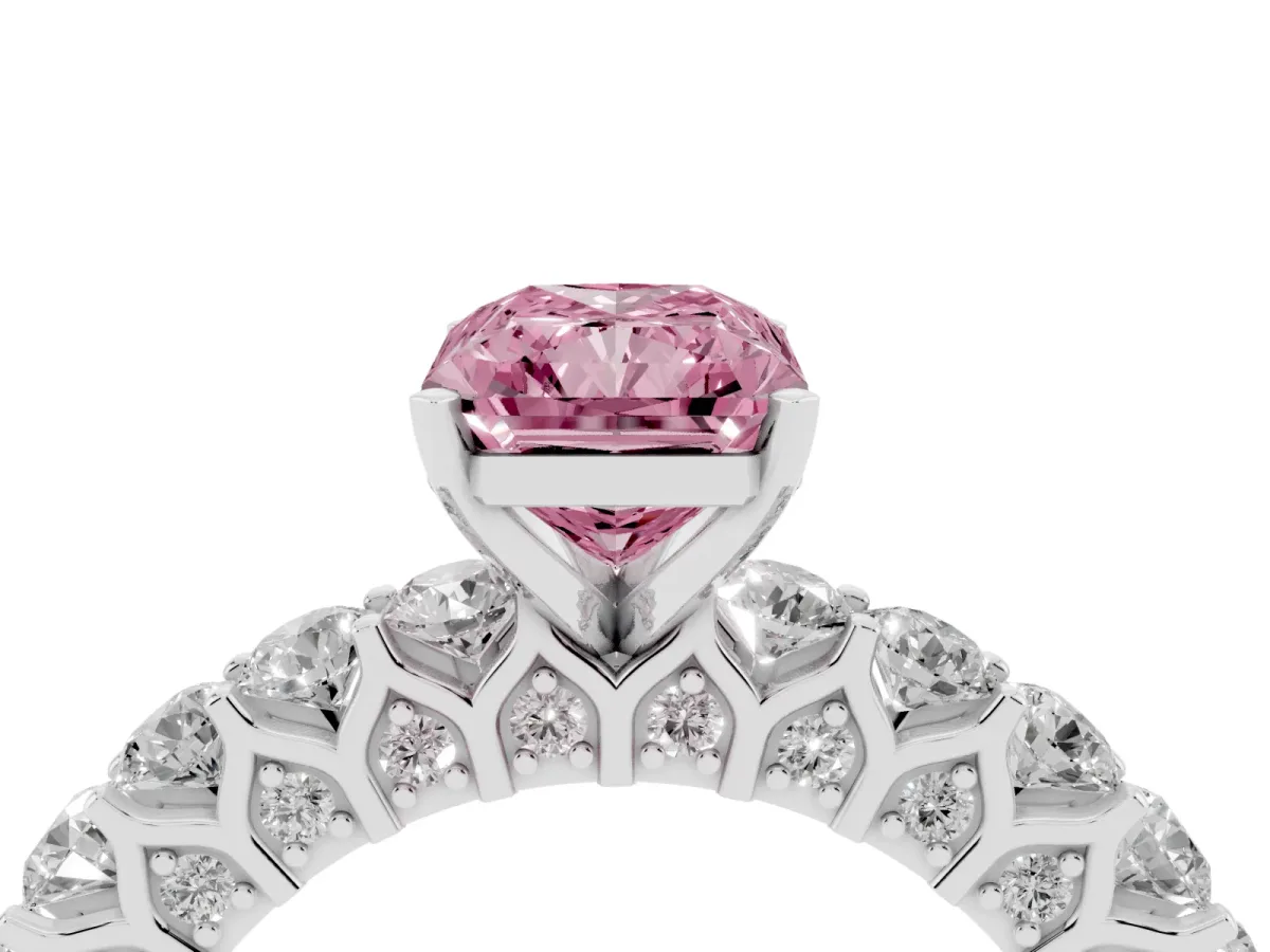 Fancy Pink Radiant Cut Diamond Solitaire Ring with Shared Prong Pavé Band and Four-Prong Setting Silver
