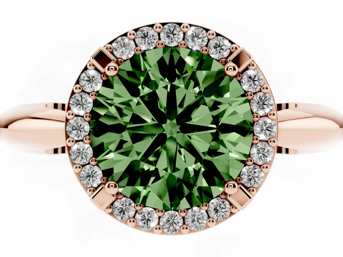 Fancy Green Round Cut Cut Diamond Halo Engagement Ring with Split Shank and Four-Prong Setting Rose gold