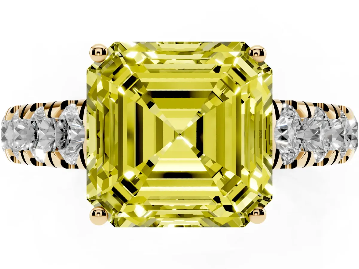 Fancy Yellow Asscher Cut Cut Diamond Solitaire Ring with Micro Pave Band and Prong Setting Yellow gold