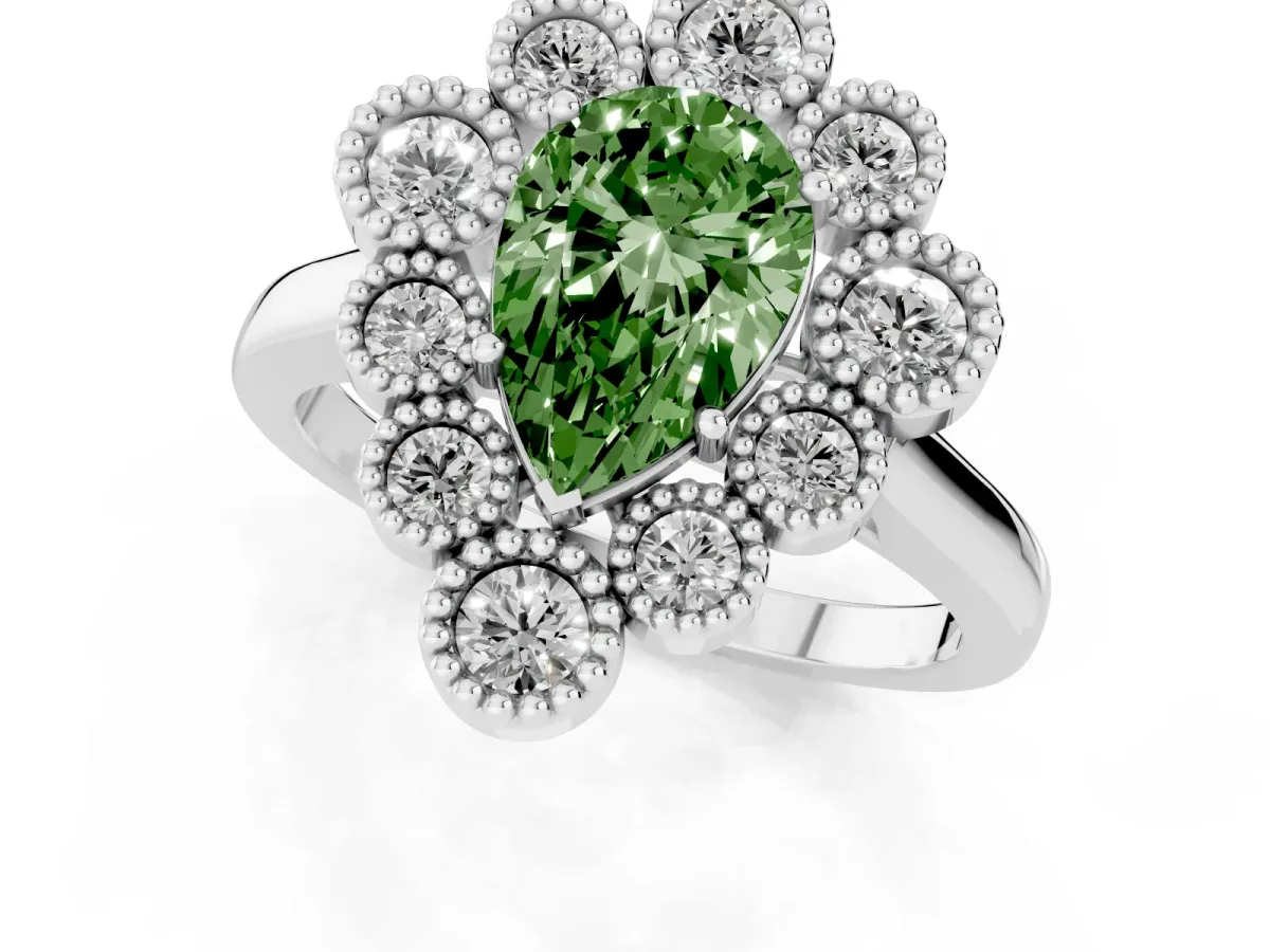 Fancy Green Pear Cut Halo Diamond Cluster Engagement Ring with Milgrain Bezel Setting and Solitaire Band Platinum