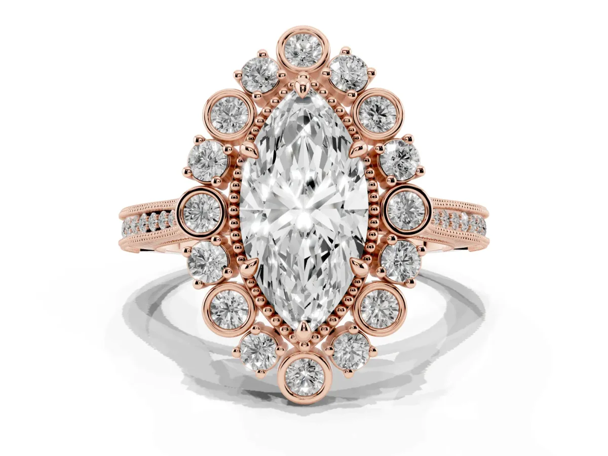 Marquise Cut Halo Milgrain Pave Diamond Ring with Four-Prong Setting Rose gold