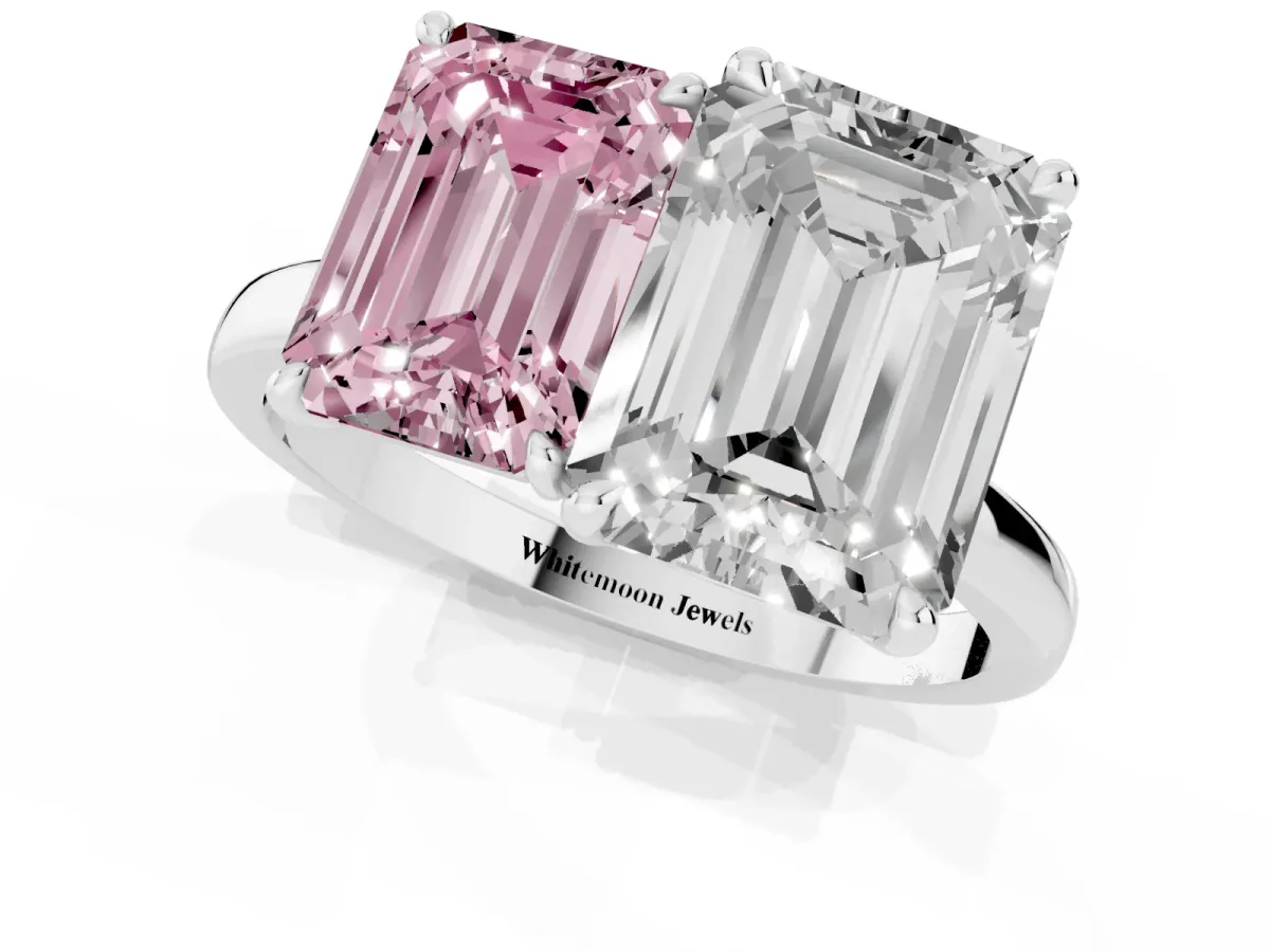 Fancy Pink Emerald Cut and Emerald Cut Toi Moi Ring with Prong Setting Platinum