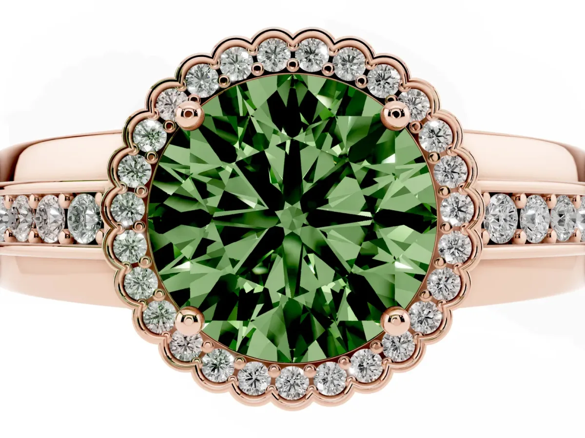 Fancy Green Round Cut Cut Halo Pave Band Four-Prong Ring Rose gold