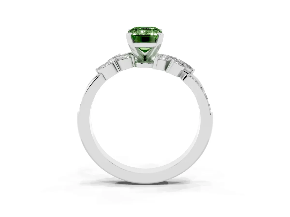 Fancy Green Emerald Cut Solitaire Marquise Twist Band with Six-Prong Setting Silver