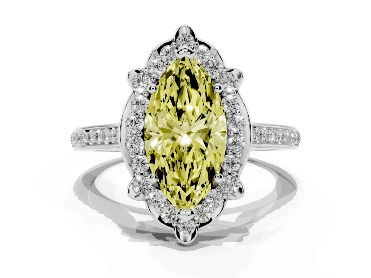 Fancy Yellow Marquise Cut Halo Round Diamond Pave Band with Four-Prong Setting Platinum