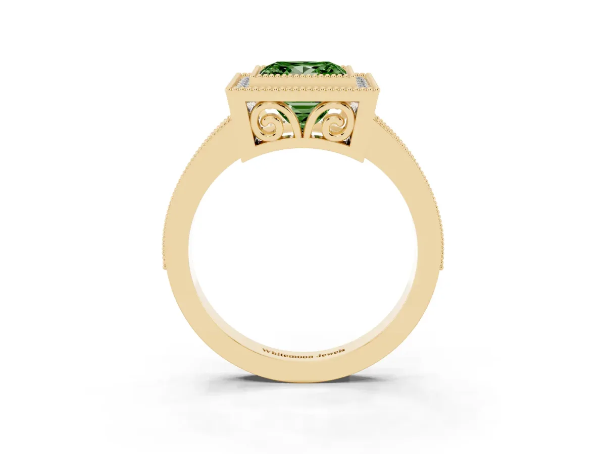Fancy Green Princess Cut Cut Halo Diamond Ring with Pavé Band and Milgrain Prong Setting Yellow gold