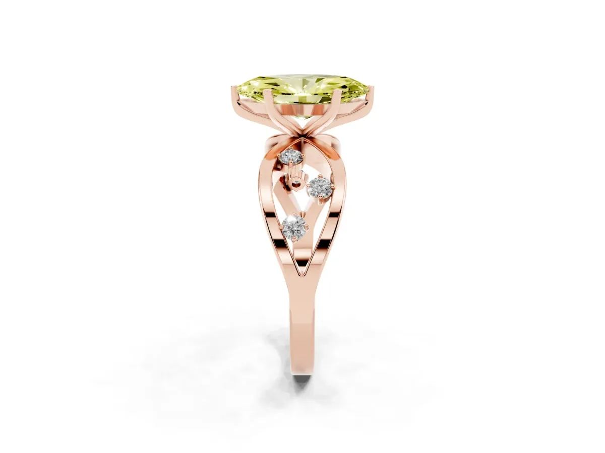 Fancy Yellow Marquise Cut Cut Solitaire Diamond with Side Stones on Criss-Cross Band and Four-Prong Setting Rose gold