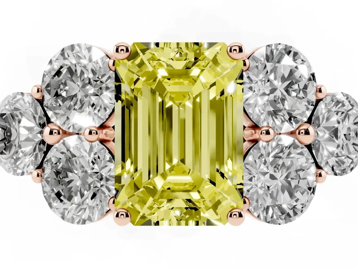 Fancy Yellow Emerald Cut Cut Diamond Cluster Ring with Round Accent Stones and Prong Setting on a Classic Band Rose gold