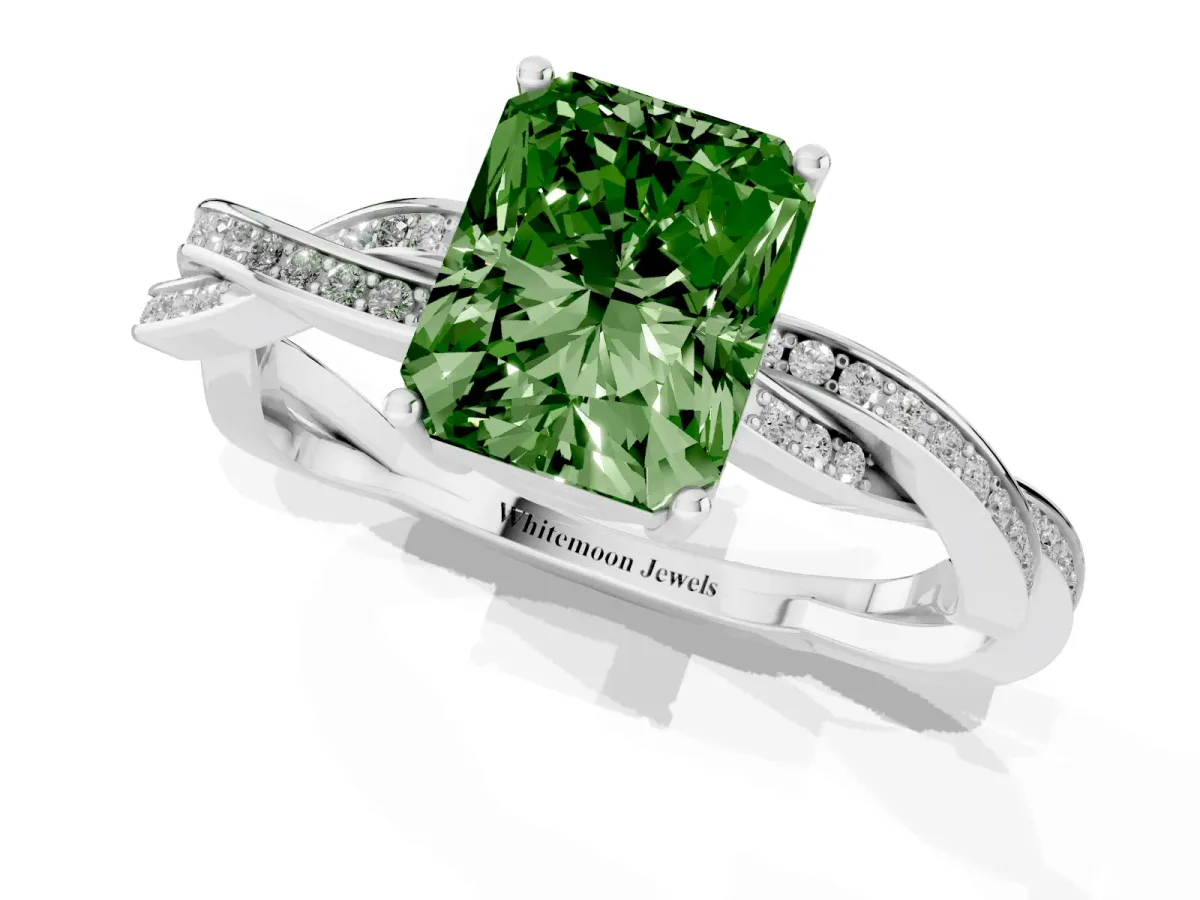 Fancy Green Radiant Cut Solitaire Twisted Pave Diamond Ring with Four-Prong Setting White gold