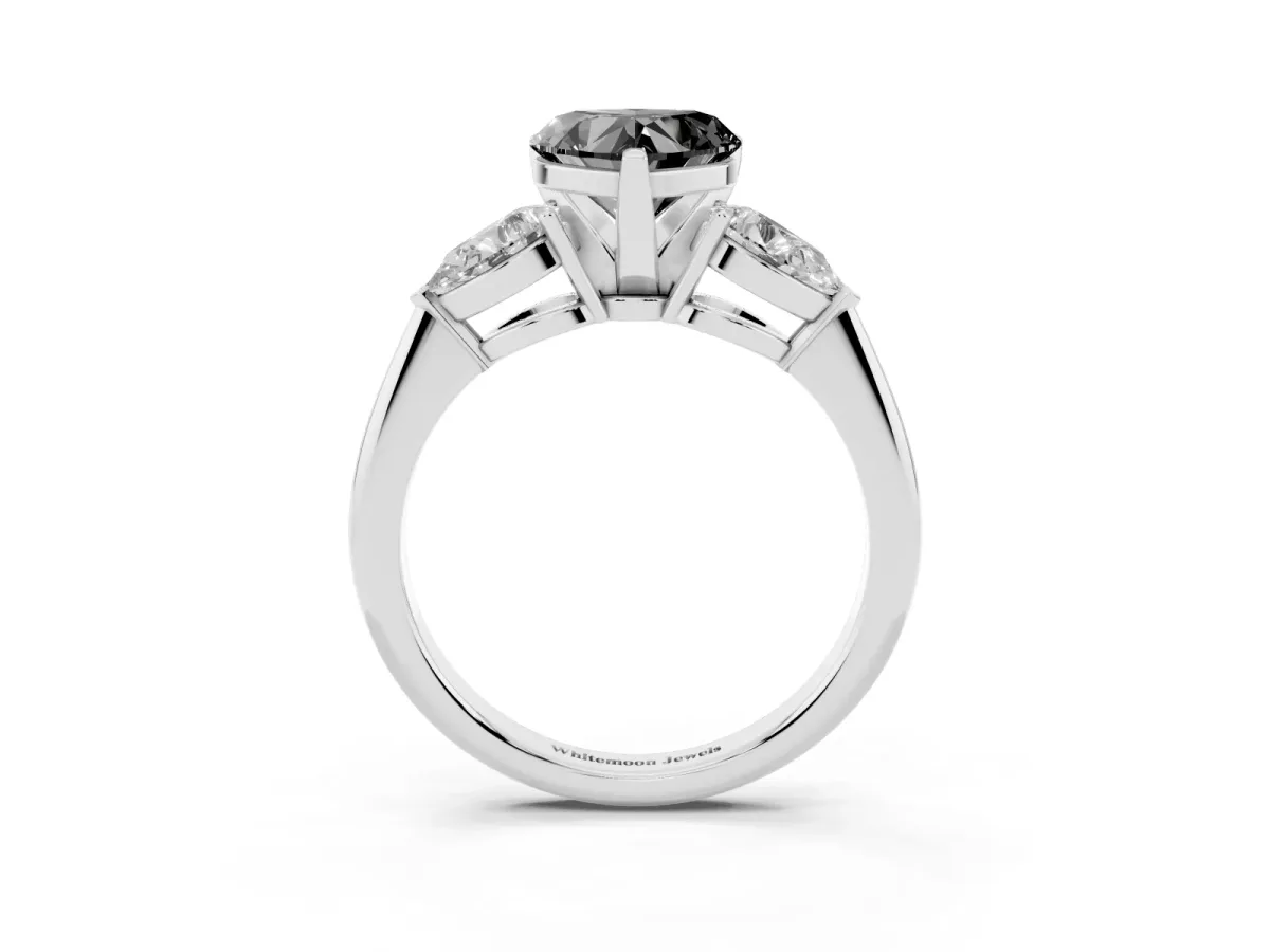 Fancy Black Three-Stone Heart Cut Diamond Ring with Pear Side Stones and Four-Prong Setting Silver