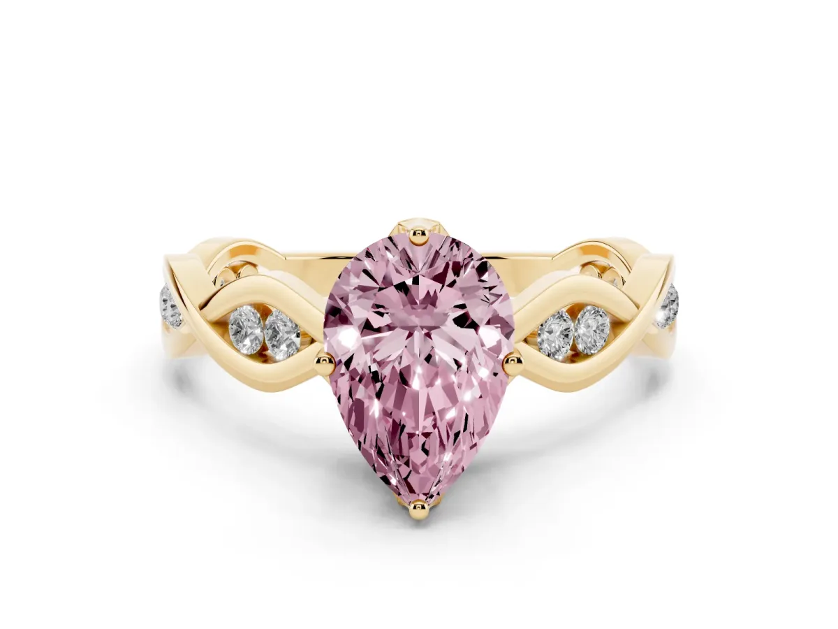 Fancy Pink Pear Cut Solitaire Twist Band with Leaf Prong Setting Yellow gold