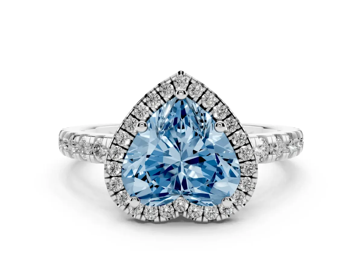 Fancy Blue Heart Cut Diamond Halo Ring with Pavé Band and Four-Prong Setting White gold