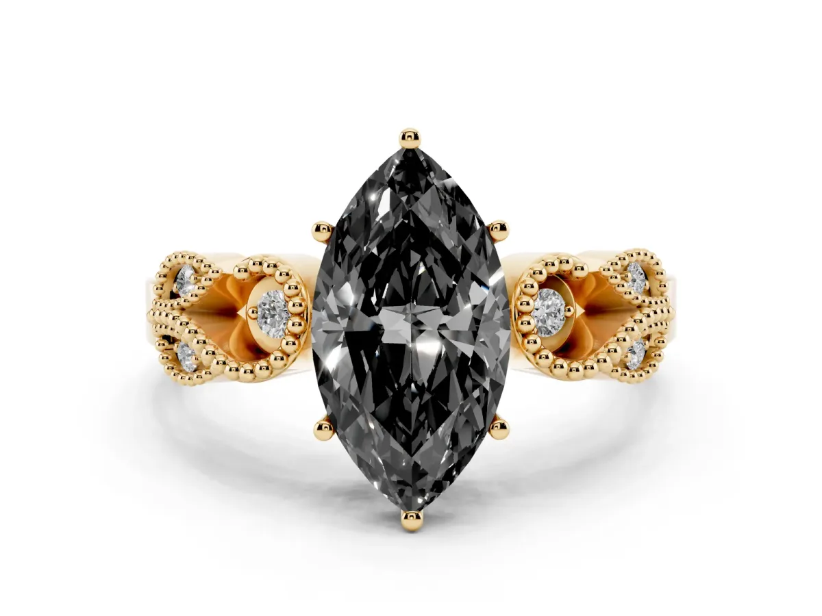 Fancy Black Marquise Cut Solitaire Milgrain Leaf Band with Prong Setting Yellow gold