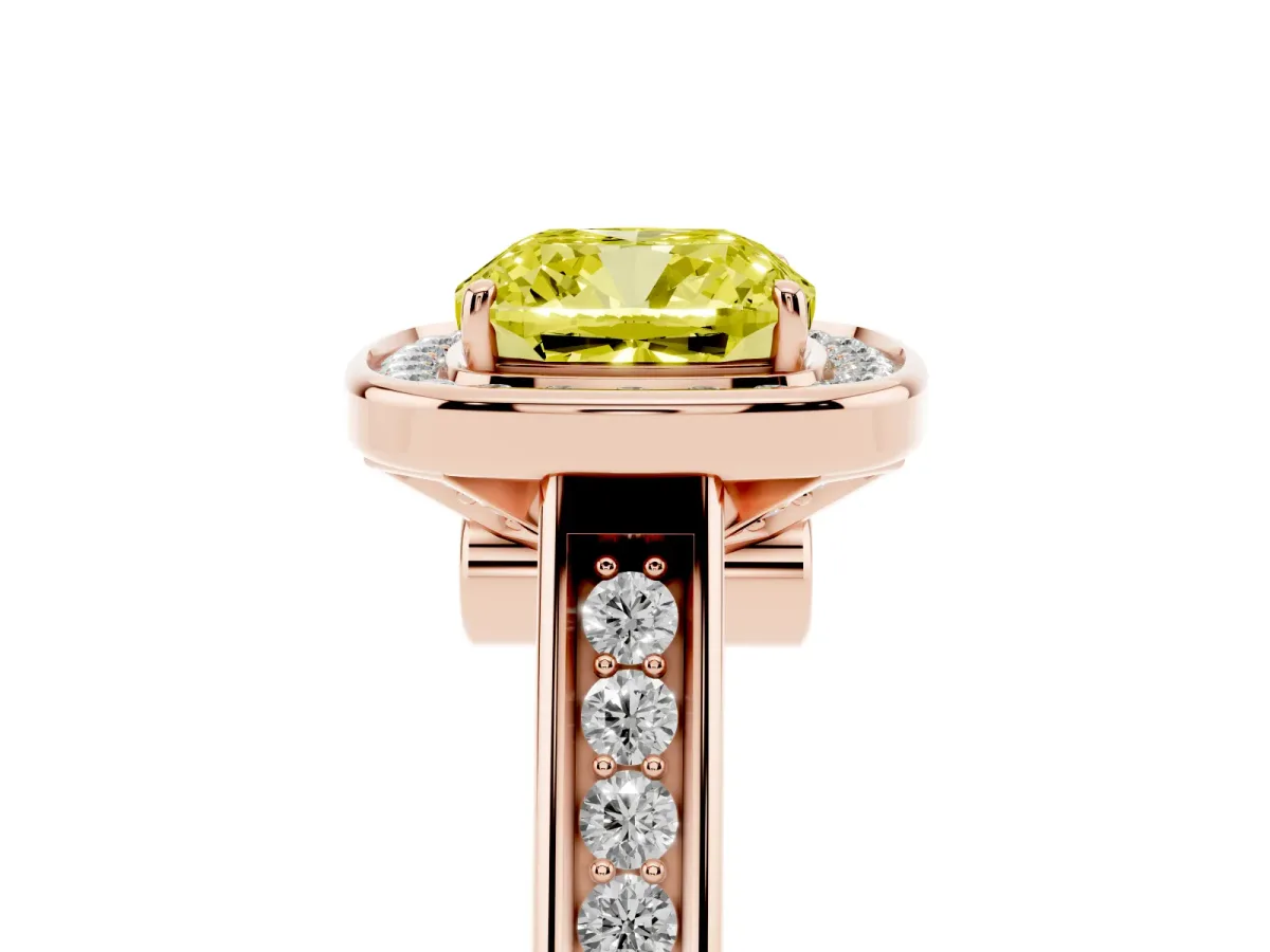 Fancy Yellow Cushion Cut Halo Solitaire Diamond Ring with Pave Band and Bezel Setting Rose gold