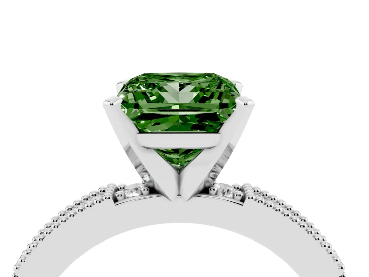 Fancy Green Princess Cut Solitaire with Pavé Band and Four-Prong Setting Silver