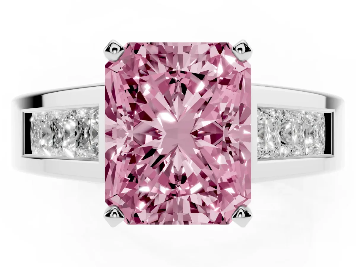 Fancy Pink Radiant Cut Cut Channel Set Solitaire Ring with Four-Prong Setting Platinum