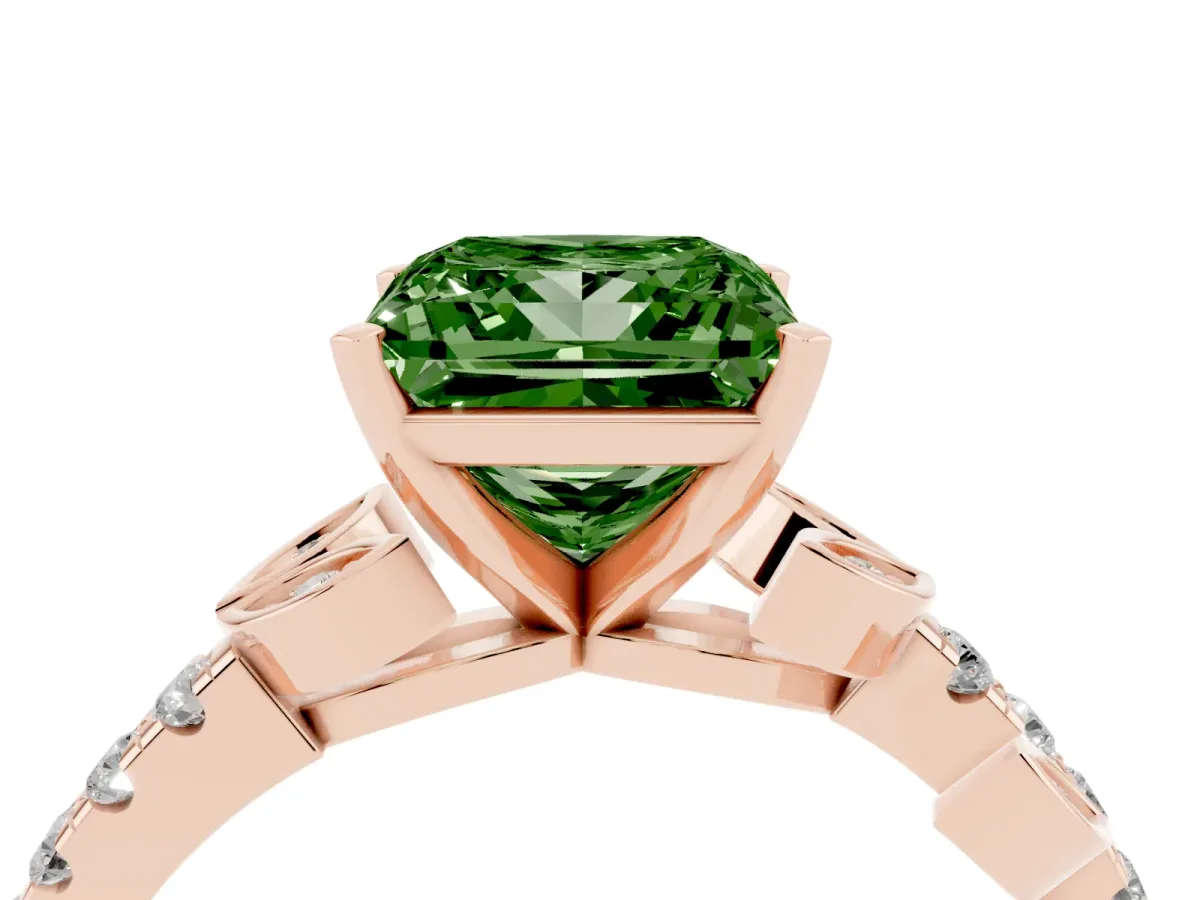 Fancy Green Princess Cut Solitaire Leaf-Inspired Diamond Ring with Pavé Band and Four-Prong Setting Rose gold