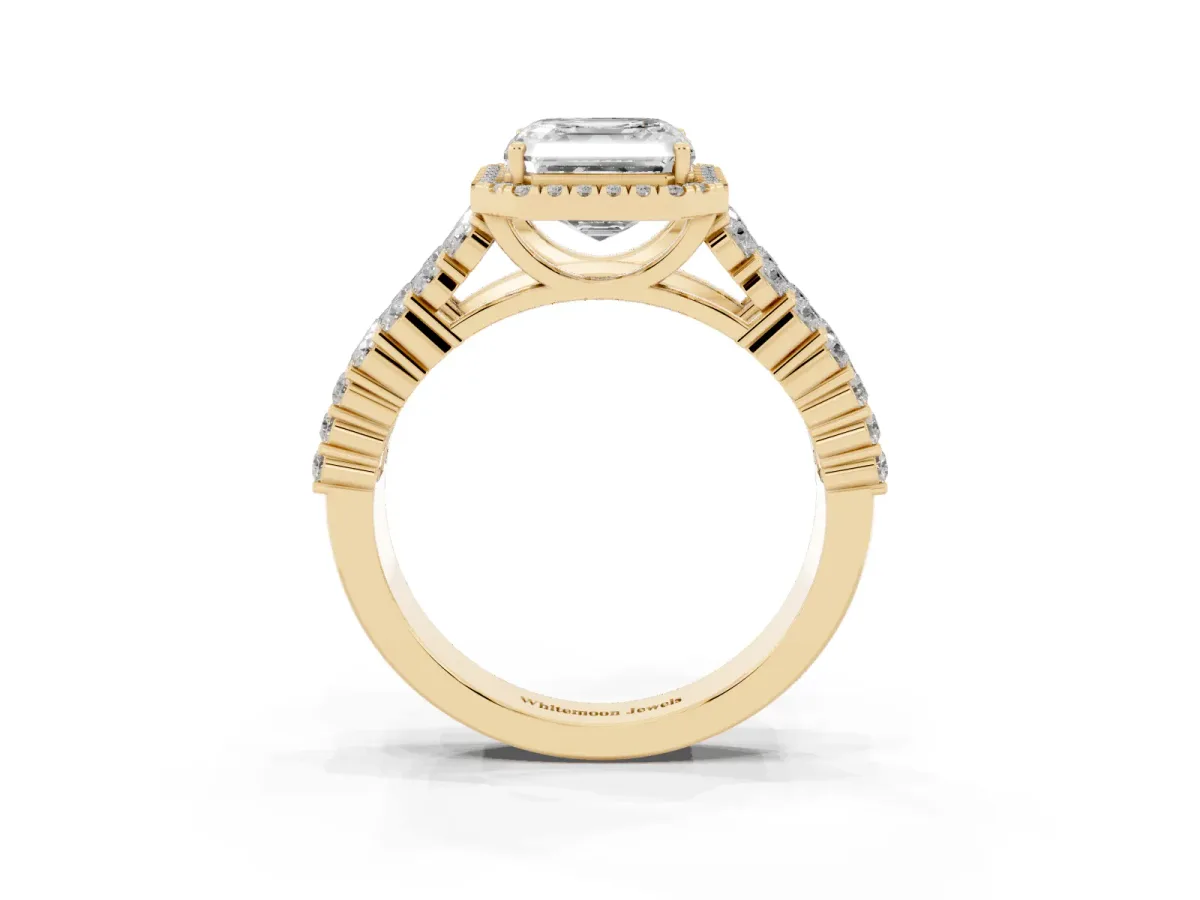 Asscher Cut Diamond Halo Engagement Ring with Triple Row Round Pavé Band and Prong Setting Yellow gold