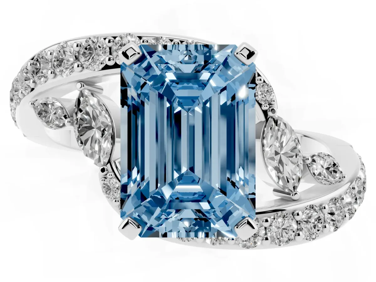 Fancy Blue Emerald Cut Solitaire with Pavé Twist Band and Four-Prong Setting Silver