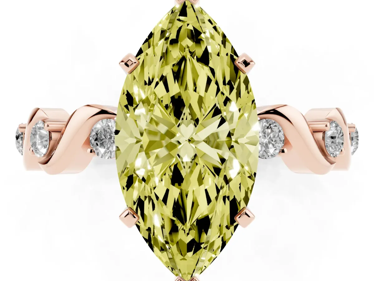 Fancy Yellow Marquise Cut Diamond Solitaire Twisted Band with Round Accents and Prong Setting Rose gold