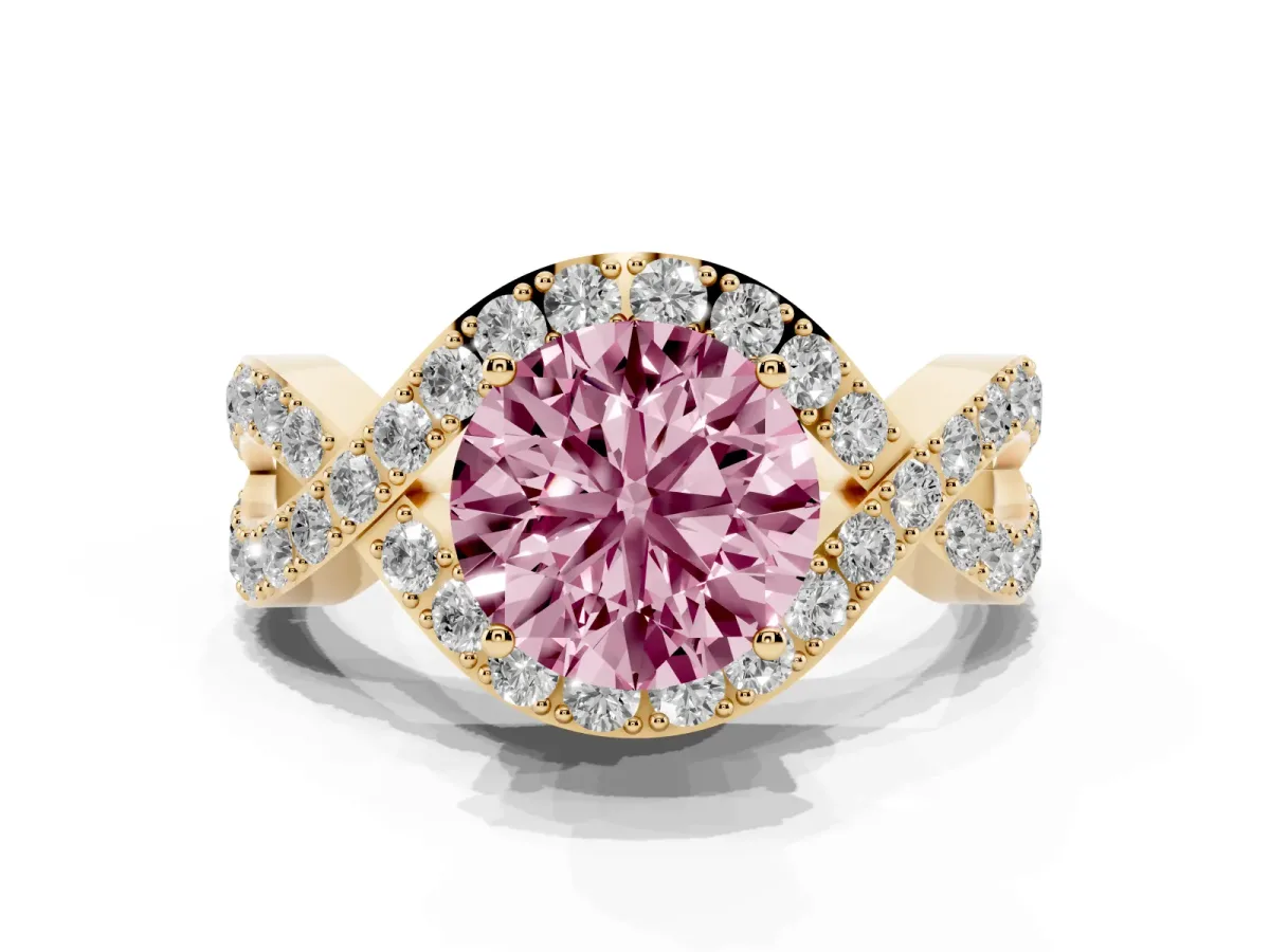 Fancy Pink Round Cut Solitaire Twist Band Pavé Diamond Engagement Ring Yellow gold