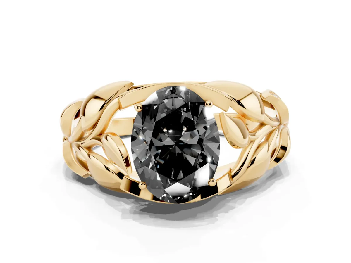 Fancy Black Oval Cut Diamond Leaf-Inspired Engagement Ring with Round Accents and Prong Setting Yellow gold