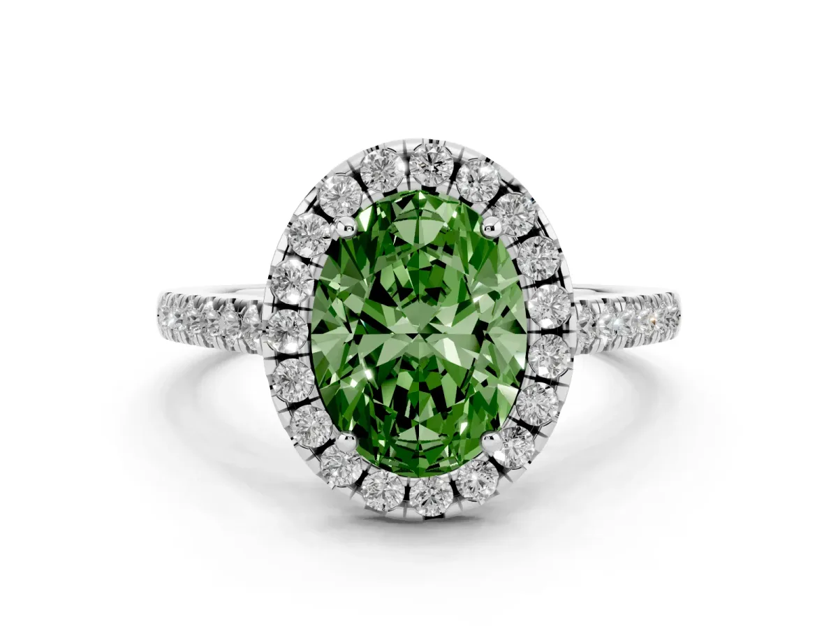 Fancy Green Oval Cut Halo Pavé Diamond Engagement Ring with Four-Prong Setting Silver