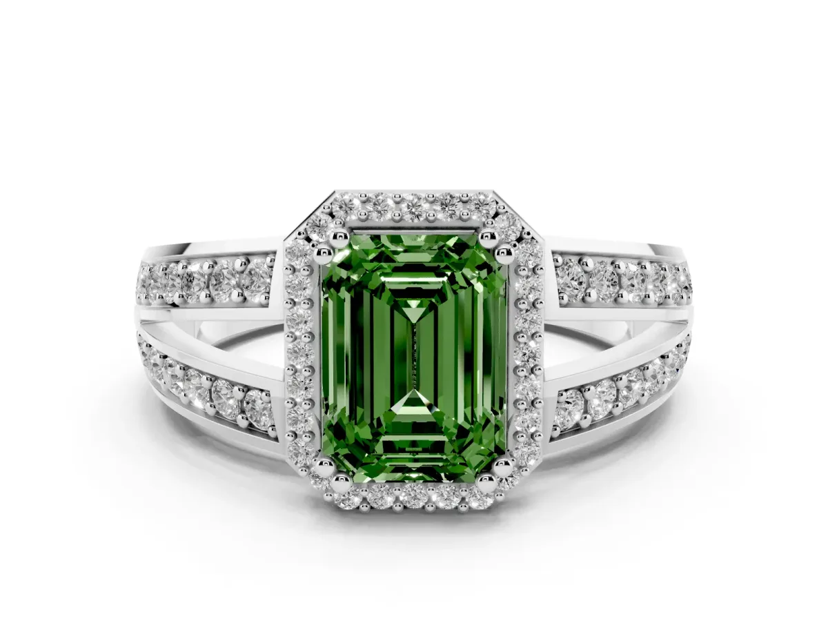 Fancy Green Emerald Cut Diamond Halo Ring with Split Shank Pavé Band and Four-Prong Setting White gold
