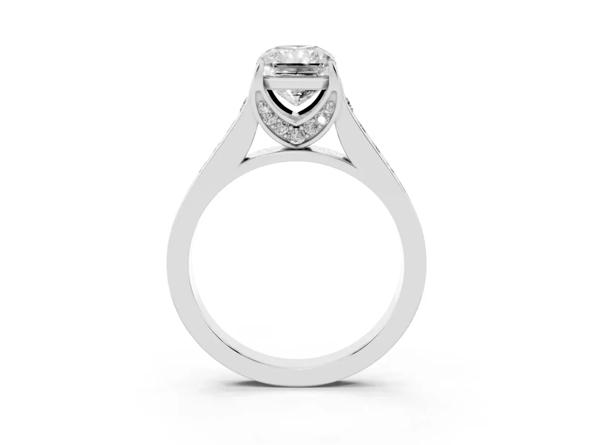 Radiant Cut Brilliant Cut Diamond Engagement Ring with Pavé Band and Four-Prong Setting Platinum